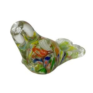 Art Glass Sea Lion Figurine Green Orange Paperweight Shelf Decor Ocean Nautical